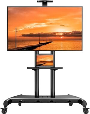 Perlegear Mobile TV Stand, Rolling TV Cart for 55-90 inch Flat/Curved TVs up to 200 lbs, Adjustable Rolling TV Stand with Camera Shelf, Floor TV Stand on Wheels