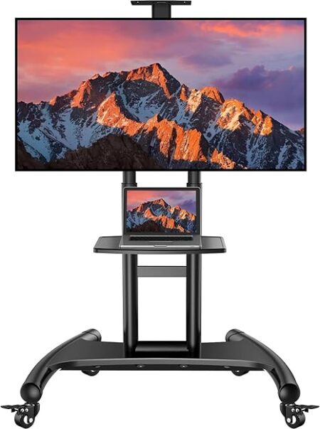 PERLESMITH Rolling/Mobile TV Cart with Wheels for 32-82 Inch LCD LED 4K Flat Screen TVs - TV Floor Stand with Shelf Holds Up to 100 lbs, Height Adjustable Trolley Max VESA 600x400mm- PSTVMC05 | Mission Display