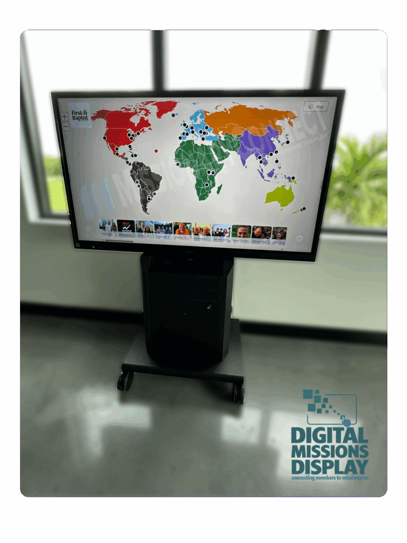 missionaryconnect software on a 65inch touchscreen panel with moveable cart image
