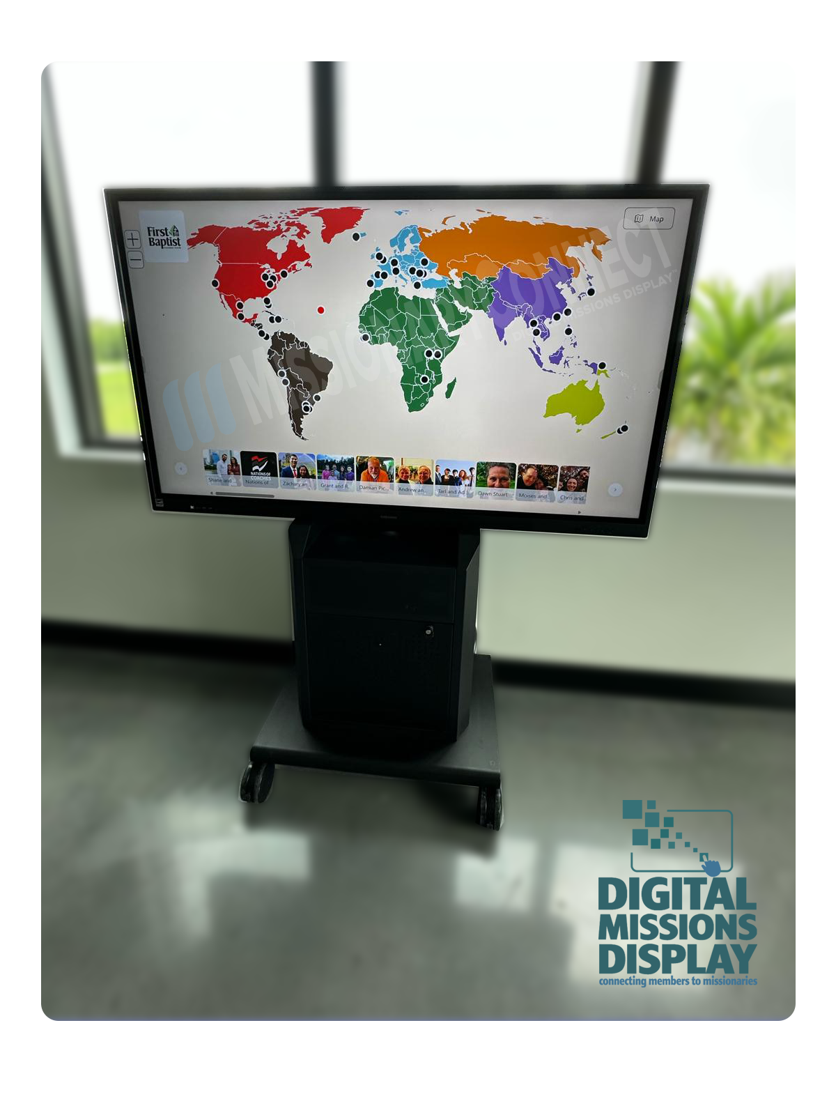 missionaryconnect software on a 65inch touchscreen panel with moveable cart image